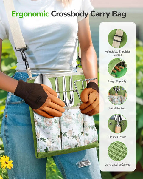 Woman wearing ergonomic crossbody bag from All In One 11 Piece Garden Tool Set with tools visible in large pockets.