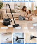 Ditch the hassle of buying two gadgets! This 2-In-1 Steam Cleaner Boasts Detachable Handheld And Mop Functionality For Fast 15 Second Heat Up. Enjoy Deep Cleaning Power With A Huge 1600ml Tank, Making It The Ultimate All-In-One Solution You Need Right. Steam cleaner in use on hardwood floors with family, showing multiple floor types.