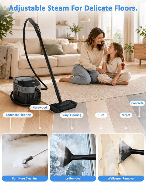 Ditch the hassle of buying two gadgets! This 2-In-1 Steam Cleaner Boasts Detachable Handheld And Mop Functionality For Fast 15 Second Heat Up. Enjoy Deep Cleaning Power With A Huge 1600ml Tank, Making It The Ultimate All-In-One Solution You Need Right. Steam cleaner in use on hardwood floors with family, showing multiple floor types.