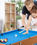 Premium 3 In 1 Game Table Combining Foosball Billiards And Slide Hockey, child and adult playing billiards, blue felt, home arcade
