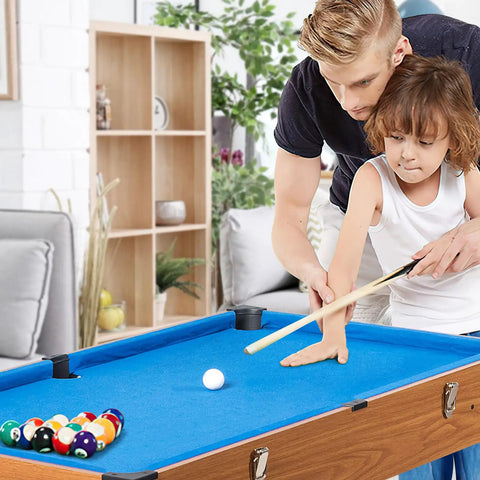 Premium 3 In 1 Game Table Combining Foosball Billiards And Slide Hockey, child and adult playing billiards, blue felt, home arcade