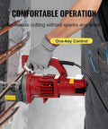Worker using 1250W Hydraulic Rebar Cutter Cuts 4-20mm Rebar Fast 3 to 3.5 Second Cut Portable Electric Iron Rod Cutter.