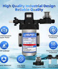 Upgraded RV Fresh Water Pump 115V AC with 4.0 GPM Self Priming Diaphragm, includes pressure switch and detachable filters.