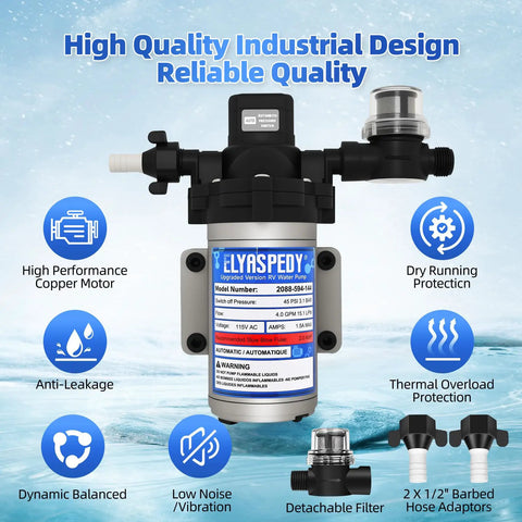 Upgraded RV Fresh Water Pump 115V AC with 4.0 GPM Self Priming Diaphragm, includes pressure switch and detachable filters.
