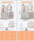 Comparison of Ultralight 15L Daypack and 20L backpack with phone pocket, beige color, foldable design, for travel and outdoors.