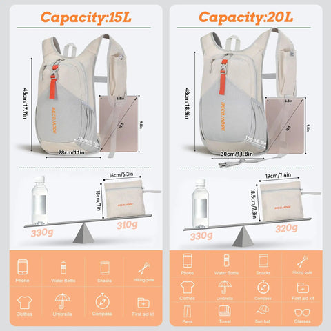 Comparison of Ultralight 15L Daypack and 20L backpack with phone pocket, beige color, foldable design, for travel and outdoors.