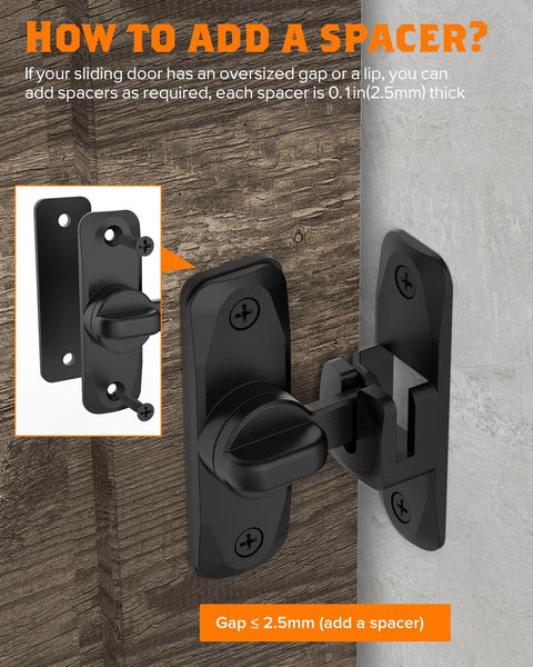 90 To 180 Degree Barn Door Lock Set Black shown installed with spacer on wooden and concrete surfaces.