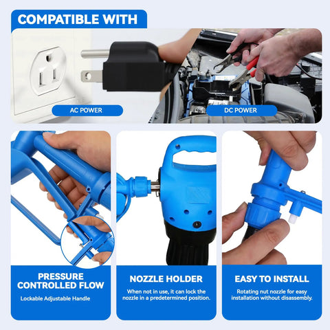 Heavy Duty Electric Drum Pump For 55 Gallon Drums showing AC and DC power compatibility features and adjustable nozzle holder.