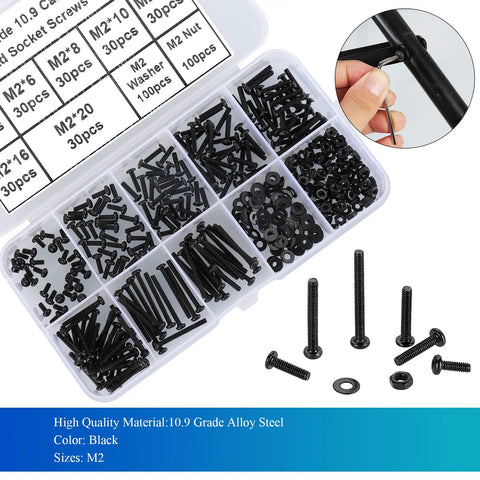 Sweet 410 Piece M2 Metric Machine Screw Kit With Black Button Head Allen Cap Bolts Nuts And Washers Made Tough Grade 10.9 Alloy Steel Includes Hex Key Perfect For Heavy Duty Repairs And Custom Builds With Top Notch Durability And Strength. M2 screws in organizer case
