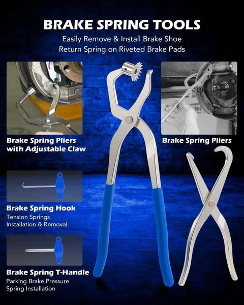 Pro Grade 15 Piece Drum And Disc Brake Tool Kit With Brake Spring Pliers and T-Handle on blue background