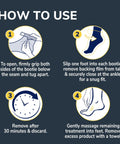 Illustrated instructions for using Cozy Self-Heating Tired And Achy Feet Soothing Foot Mask With Warming Booties.