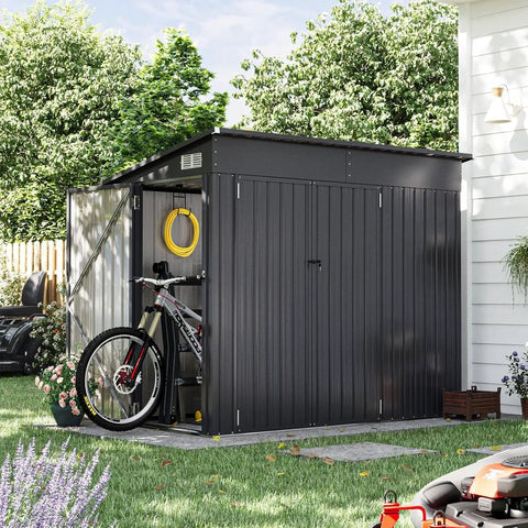 4x8 Outdoor Storage Shed With Triple Lockable Doors Sloping Roof Metal Cabinet For Tools And Bicycles Ideal For Garden Patio Courtyard And Garage
