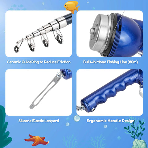Close-up of All In One Kid Friendly Fishing Pole Set with Portable Folding Rod and Spincast Reel showing features like ceramic guide ring and ergonomic handle design.