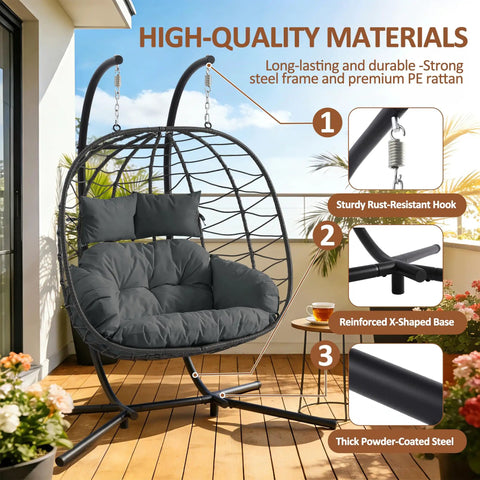Double Egg Chair With Stand For Indoor And Outdoor Use, 2 Person Hanging Rattan Wicker Swing, Comfy Loveseat with Cushions