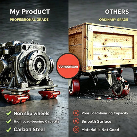 Comparison of Heavy Duty 4PCS Machine Skates For Big Rig Moves and inferior product, showcasing superior carbon steel and load capacity.