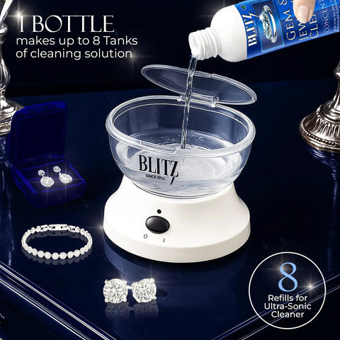 Gem And Jewelry Cleaner Concentrate Refill For Ultrasonic Machines 8oz Safe Non Toxic Formula That Keeps Silver Shimmering Jewelry Sparkling And Bling Looking Fresh Between Cleanings, bottle pouring into ultrasonic cleaner