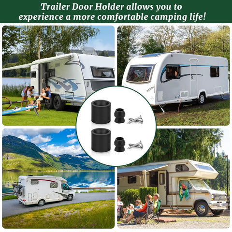Dope Low Profile Trailer Door Holder Kit With Rubber Bumpers for RV and Travel Trailer, shown in outdoor camping setup