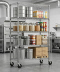 Five Tier Wire Shelving Unit With Wheels Beefy Heavy Duty Metal Storage Rack For Garage And Workshop filled with supplies