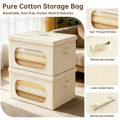 Large Cotton Linen Storage Bins With Lids 2 Pack Closet Organizer in beige with see-through windows and reinforced handles.