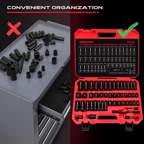 Three Eighths Inch Drive Impact Socket Set 49 Piece Built Tough Includes SAE From Five Sixteenths To Three Quarters Inch And Metric 8 To 22 Millimeters With Extension Bars And Universal Joint Deep And Shallow Sockets CR V Construction For Heavy Duty in red case