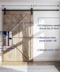 Eight Point Two Foot Sliding Barn Door Hardware Kit With Smooth Quiet Track Easy To Install Includes Step By Step Installation Instructions Fits Forty Eight Inch Wide Door Panel J Shape Hanger Beefy Alloy Construction With Black Powder Coat shown installed on wooden door in room.