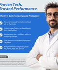 Person in white coat with text highlights benefits of Whole House Salt Free Water Descaler Electronic Conditioner For Hard Water, Reduces Limescale And Deposits, Keeps Minerals In, No Salt Or Chemicals, No Fuss, Low Maintenance Alternative To Traditional Water Softener