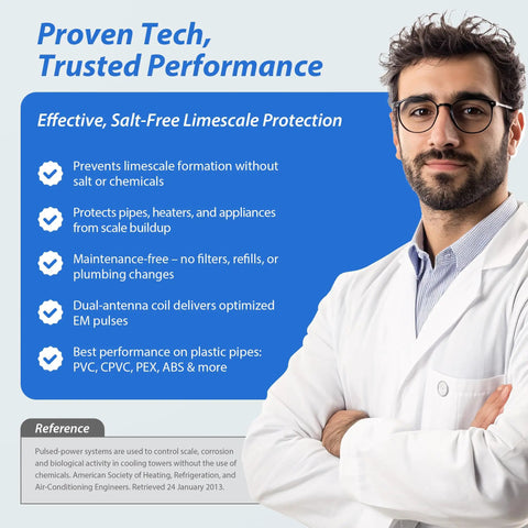 Person in white coat with text highlights benefits of Whole House Salt Free Water Descaler Electronic Conditioner For Hard Water, Reduces Limescale And Deposits, Keeps Minerals In, No Salt Or Chemicals, No Fuss, Low Maintenance Alternative To Traditional Water Softener