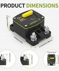 Heavy Duty 50 Amp DC Circuit Breaker With M8 Studs And 6 AWG Lugs dimensions showing size and features for marine and RV use.