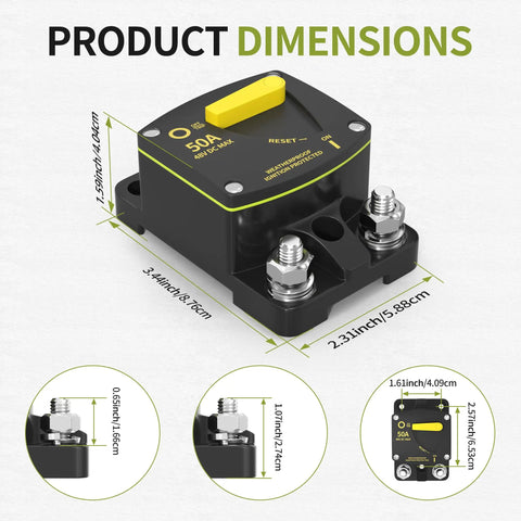 Heavy Duty 50 Amp DC Circuit Breaker With M8 Studs And 6 AWG Lugs dimensions showing size and features for marine and RV use.