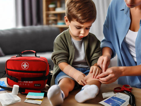 Red compact first aid kit on table; caregiver bandages child's arm with supplies nearby.