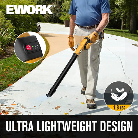 Man using Cordless Leaf Blower 21V Lightweight Electric Blower With 130 CFM And 200 MPH Wind Includes Dual 2.0Ah Batteries And Fast Charger Compact Mini Design For Lawn Care Leaves And Job Sites on a sidewalk