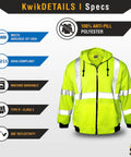 Men's Reflective Safety Jacket Fleece Hoodie Yellow High Visibility Class 3 ANSI OSHA Compliant, anti-pill polyester, front view