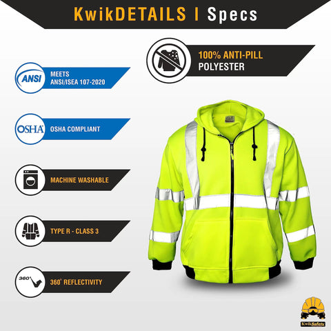Men's Reflective Safety Jacket Fleece Hoodie Yellow High Visibility Class 3 ANSI OSHA Compliant, anti-pill polyester, front view