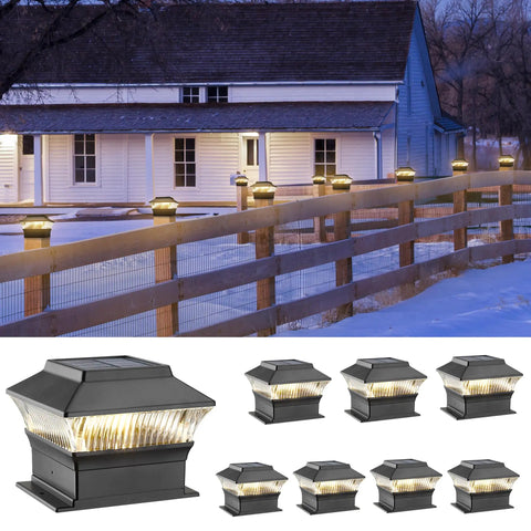 Solar Fence Post Cap Lights 8 Pack For 4x4 Posts With 4x6 Base 3000K Warm White Waterproof Outdoor Deck And Yard Lighting Black Finish