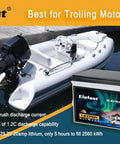 Inflatable boat with trolling motor and 100Ah 24V LiFePO4 battery with built-in 100A BMS for marine use.