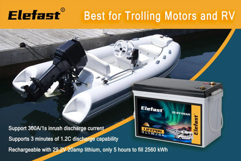 Inflatable boat with trolling motor and 100Ah 24V LiFePO4 battery with built-in 100A BMS for marine use.