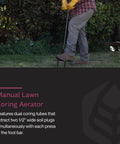 Manual Lawn Coring Aerator With Long Handle, Powder Coated Steel Construction, Cushioned Handles in use on grass.