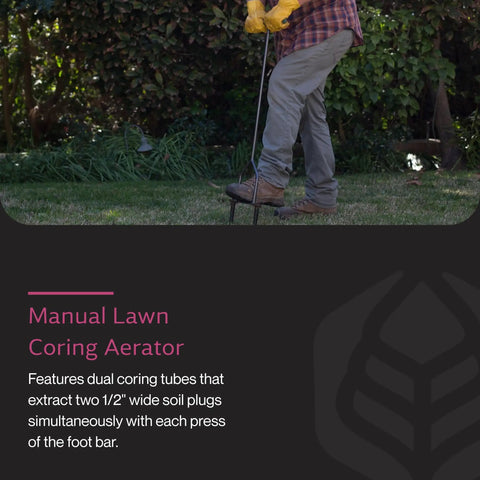 Manual Lawn Coring Aerator With Long Handle, Powder Coated Steel Construction, Cushioned Handles in use on grass.