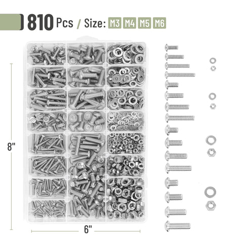 Stainless Steel Fastener Kit With 810 Pieces Nuts Bolts And Washers For DIY Projects M3 M4 M5 M6 shown with organized compartments