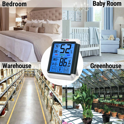 Digital Indoor Hygrometer Thermometer With Touchscreen 4Inch Large Display Easy Readings And Front Button Operation High Accuracy Humidity And Temperature Monitor For Home Or Your Pad. in bedroom, baby room, warehouse, greenhouse