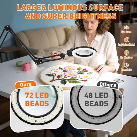 12X Magnifying Glass With Light And Stand, Extra Long Arm Overhead Magnifier for Workbench Crafting and Sewing in use with LED comparison