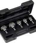Carbide Tipped Hole Cutter Set For Electrical Conduit, Pro Grade 5-Piece in black case with removable ejector spring visible.