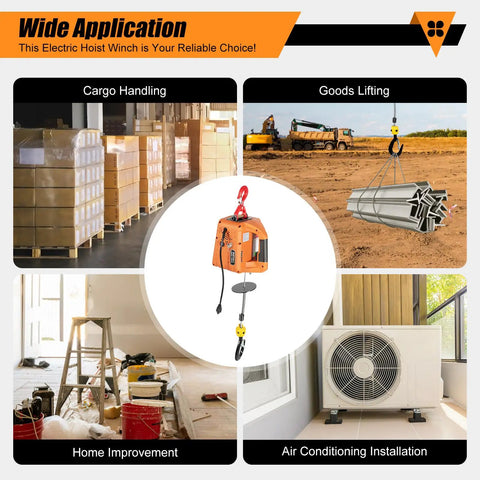 Heavy Duty 440 Lbs Portable Electric Hoist Winch With 110V Wireless Remote Control and Manual Lever Operation for cargo handling and goods lifting.