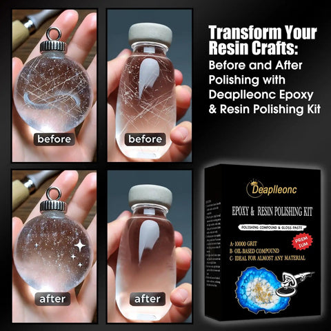 Before and after comparison of resin crafts polished with Pro Grade Epoxy Resin Polishing Kit For High Gloss Finishes.