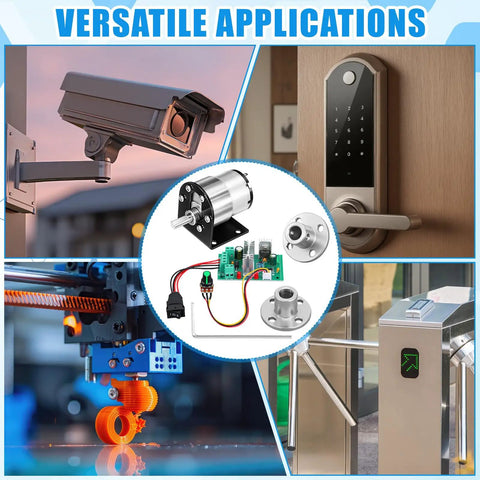 Collage showing 12V DC Geared Motor Kit With 300 RPM Output for automation in security cameras, locks, 3D printers, and turnstiles