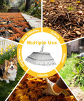 Collage of Adjustable Leaf Rake For Lawn And Garden 18 Inch Wide Metal Head 62 Inch Extendable Handle for debris, leaves, and more.