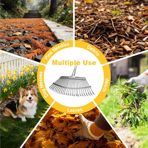 Collage of Adjustable Leaf Rake For Lawn And Garden 18 Inch Wide Metal Head 62 Inch Extendable Handle for debris, leaves, and more.