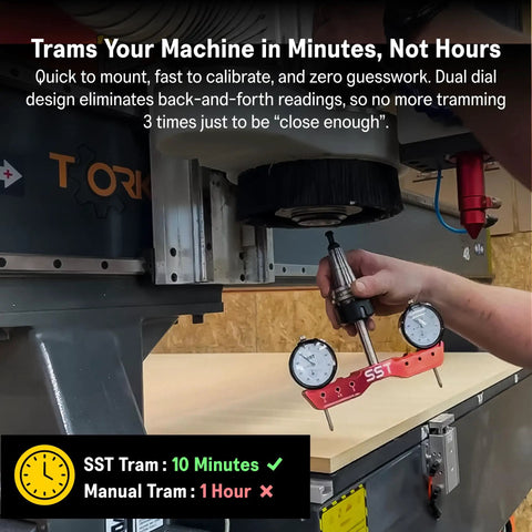 Custom Fit Mill And Lathe Tramming System For Fast No Fuss Alignment And Square Calibration With 0.0005 Inch Dial Indicators Tram And Align Tools To Fix Angular Misalignment Built Tough In The United States For Precise Powerful Machining, shown in use on a CNC machine with dual dial indicators