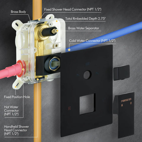 Brass body control valve components for Dope 16 Inch Matte Black Shower System With Rainfall Head And Handheld Ceiling Mounted Bathroom Kit