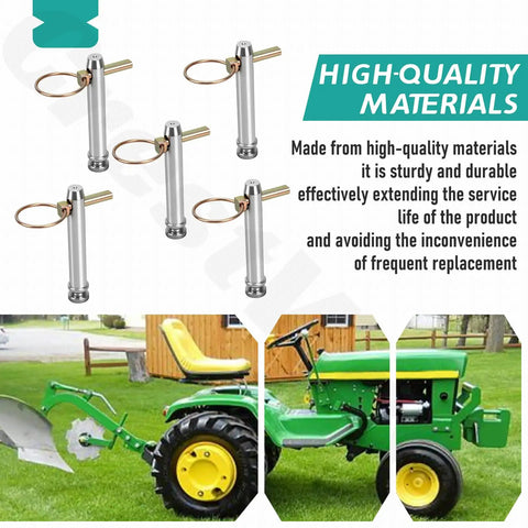 Five Pack Cat One Hitch Pin Kit With Three Quarter Inch Top Link Pins And Five And A Half Inch Length Durable Tractor Accessories For Replacing 195589M1 AC339942 Upgraded shown with green tractor in background.